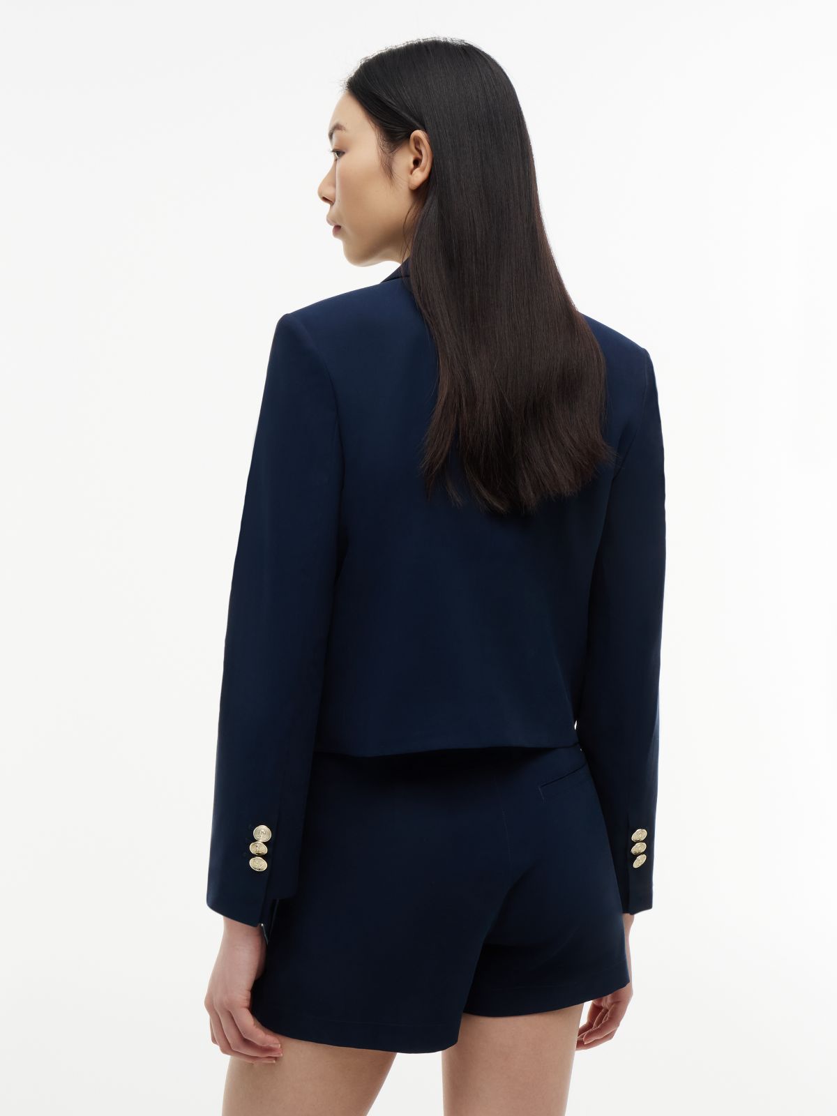 Gold-Tone Button Regular Fit Cropped Blazer — Blue