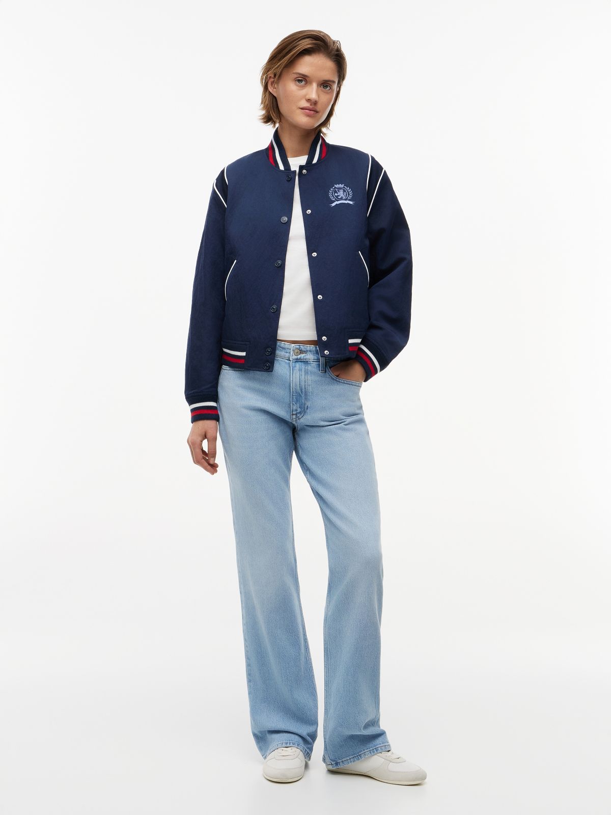Crest Embroidery Varsity Jacket — Blue