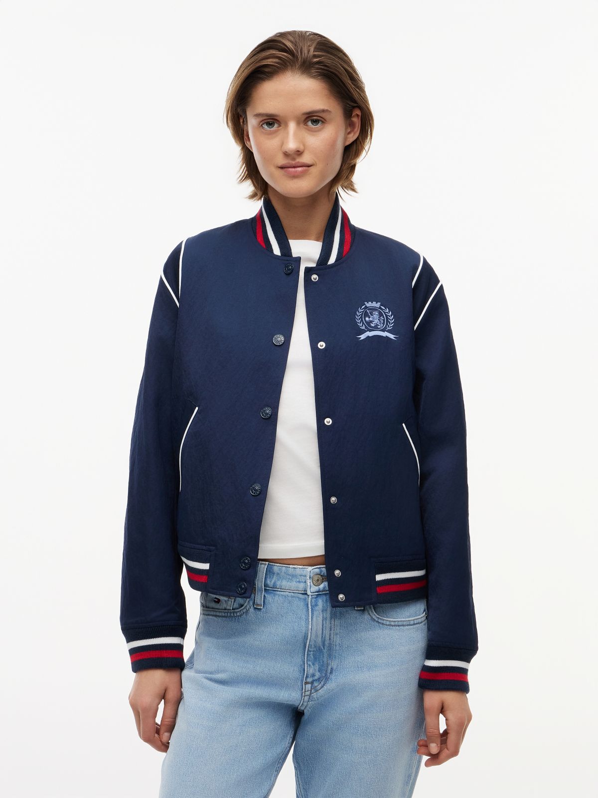 Crest Embroidery Varsity Jacket — Blue