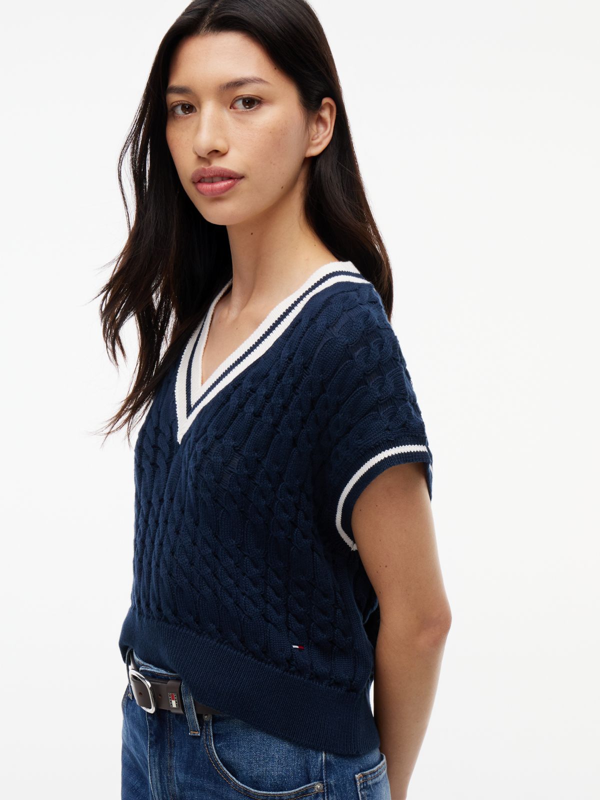 Cable Knit V-Neck Oversized Sweater Vest — Blue