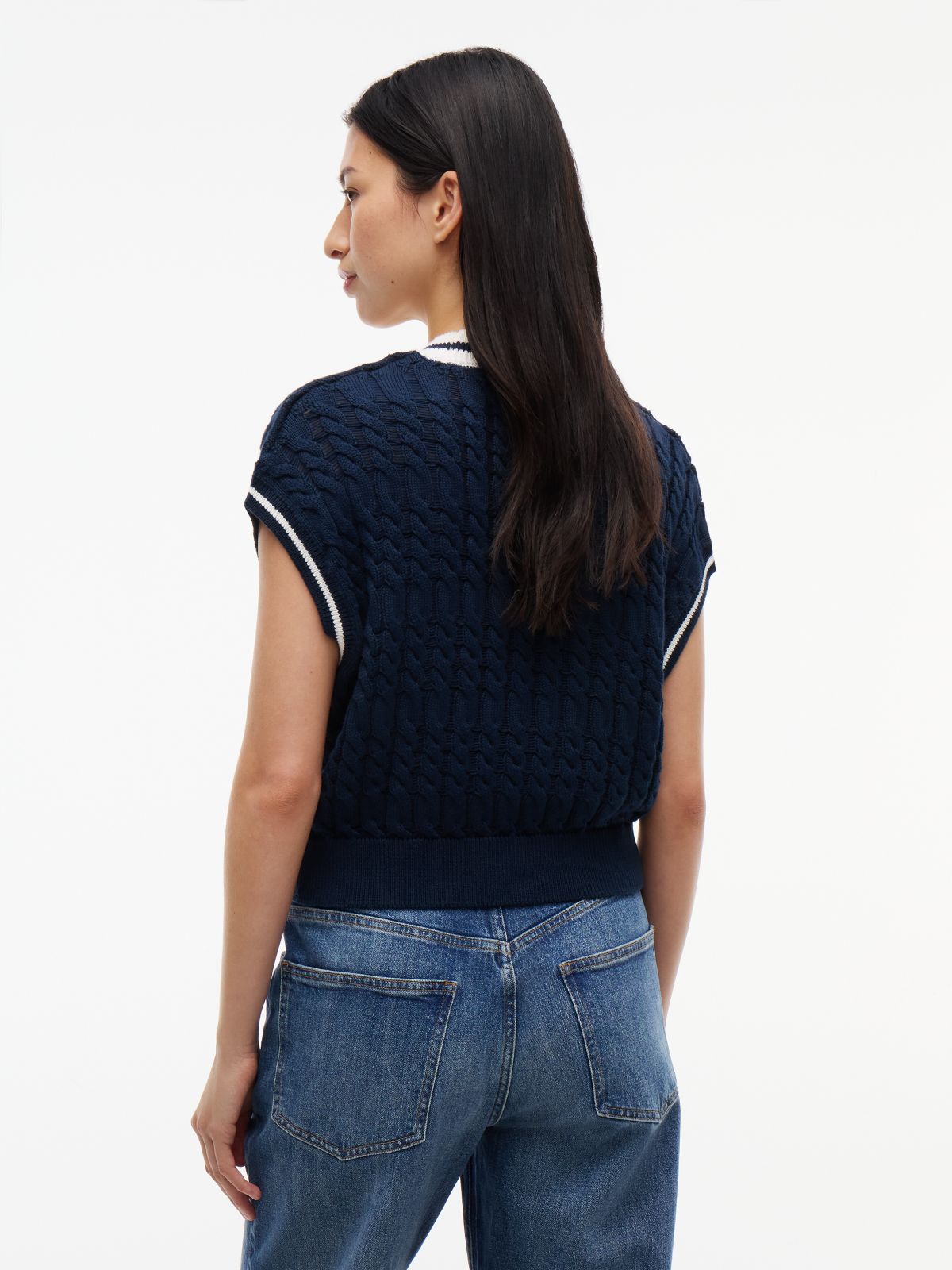 Cable Knit V-Neck Oversized Sweater Vest — Blue
