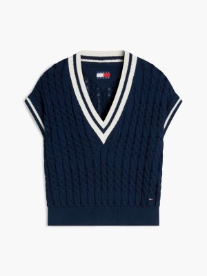 blue cable knit v-neck oversized sweater vest for women tommy jeans