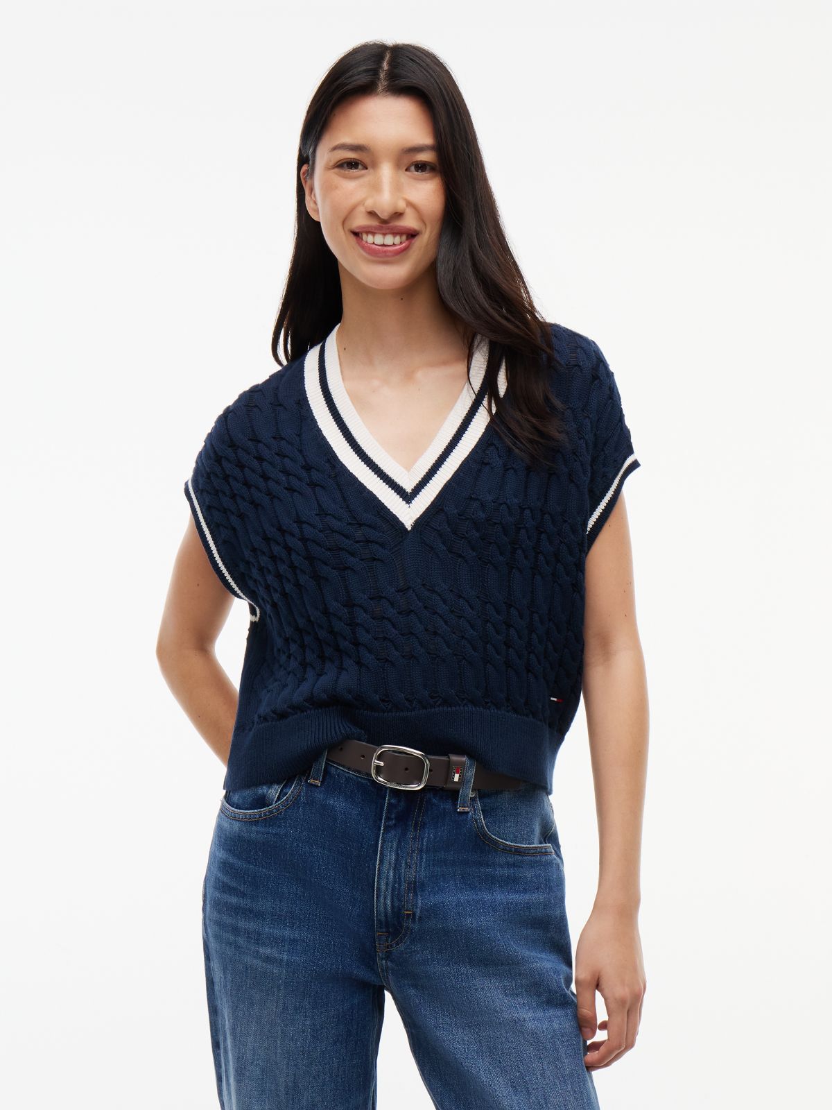 Cable Knit V-Neck Oversized Sweater Vest — Blue