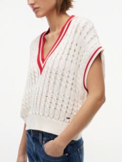 Cable Knit V-Neck Oversized Sweater Vest — White 3