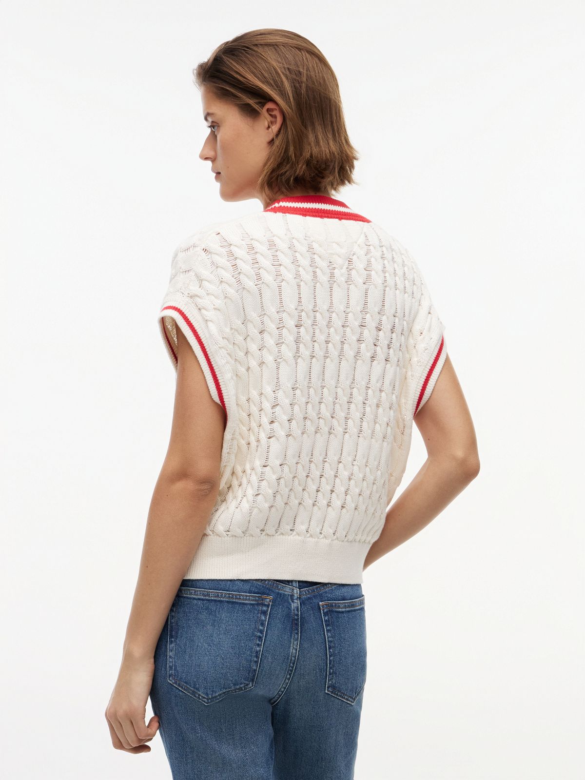 Cable Knit V-Neck Oversized Sweater Vest — White