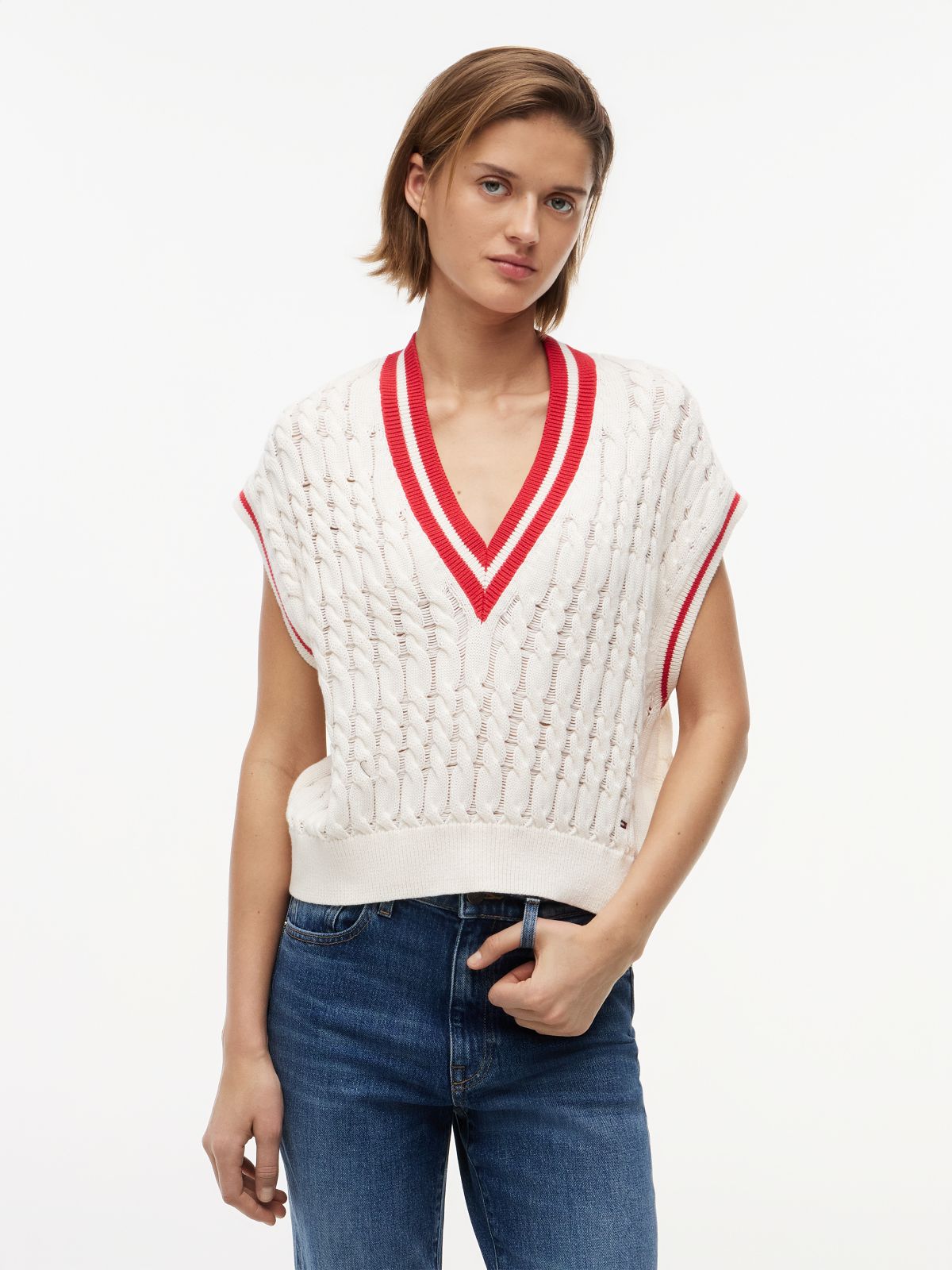 Cable Knit V-Neck Oversized Sweater Vest — White
