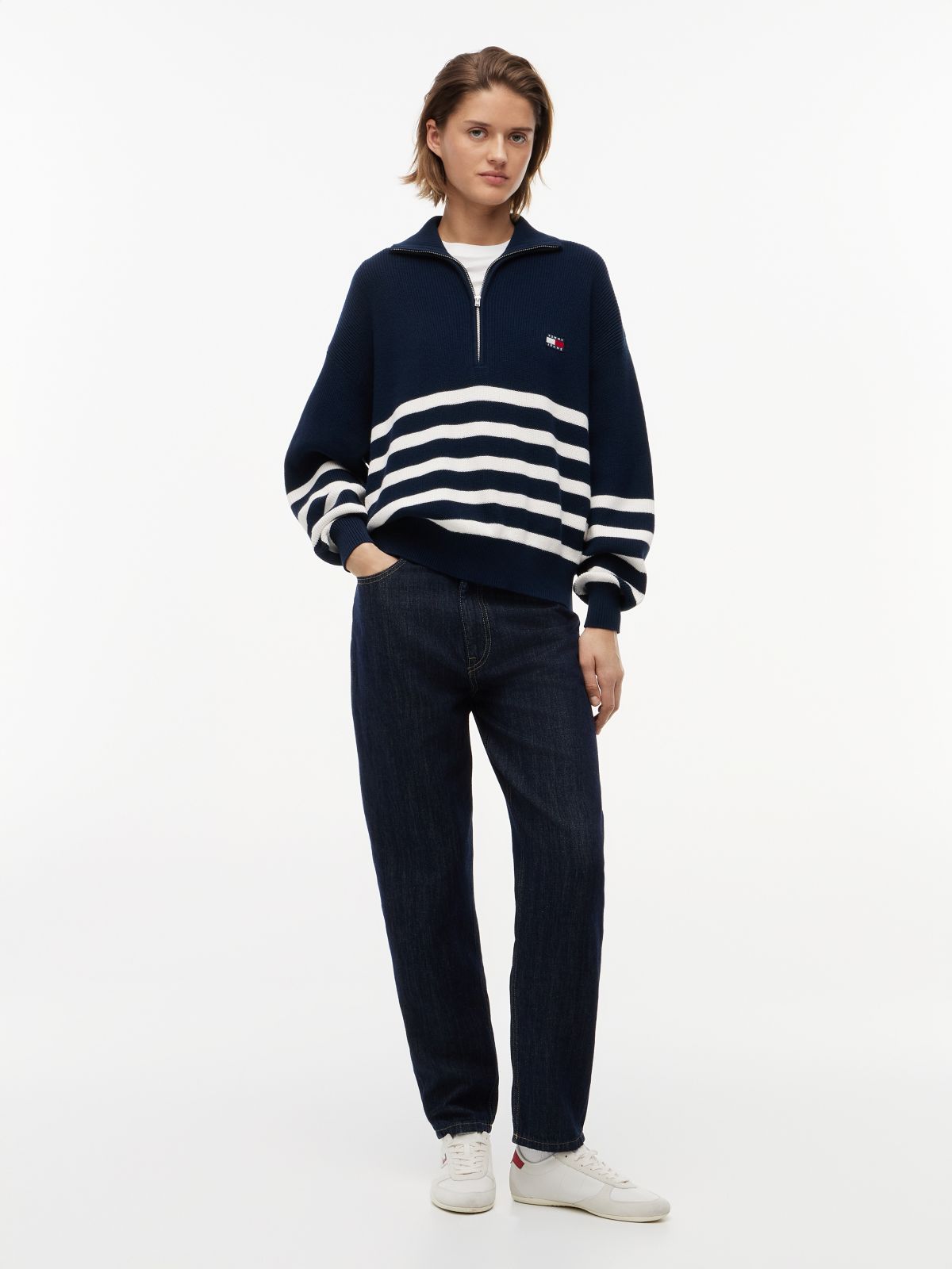 Tommy Badge Stripe Quarter-Zip Jumper — Blue