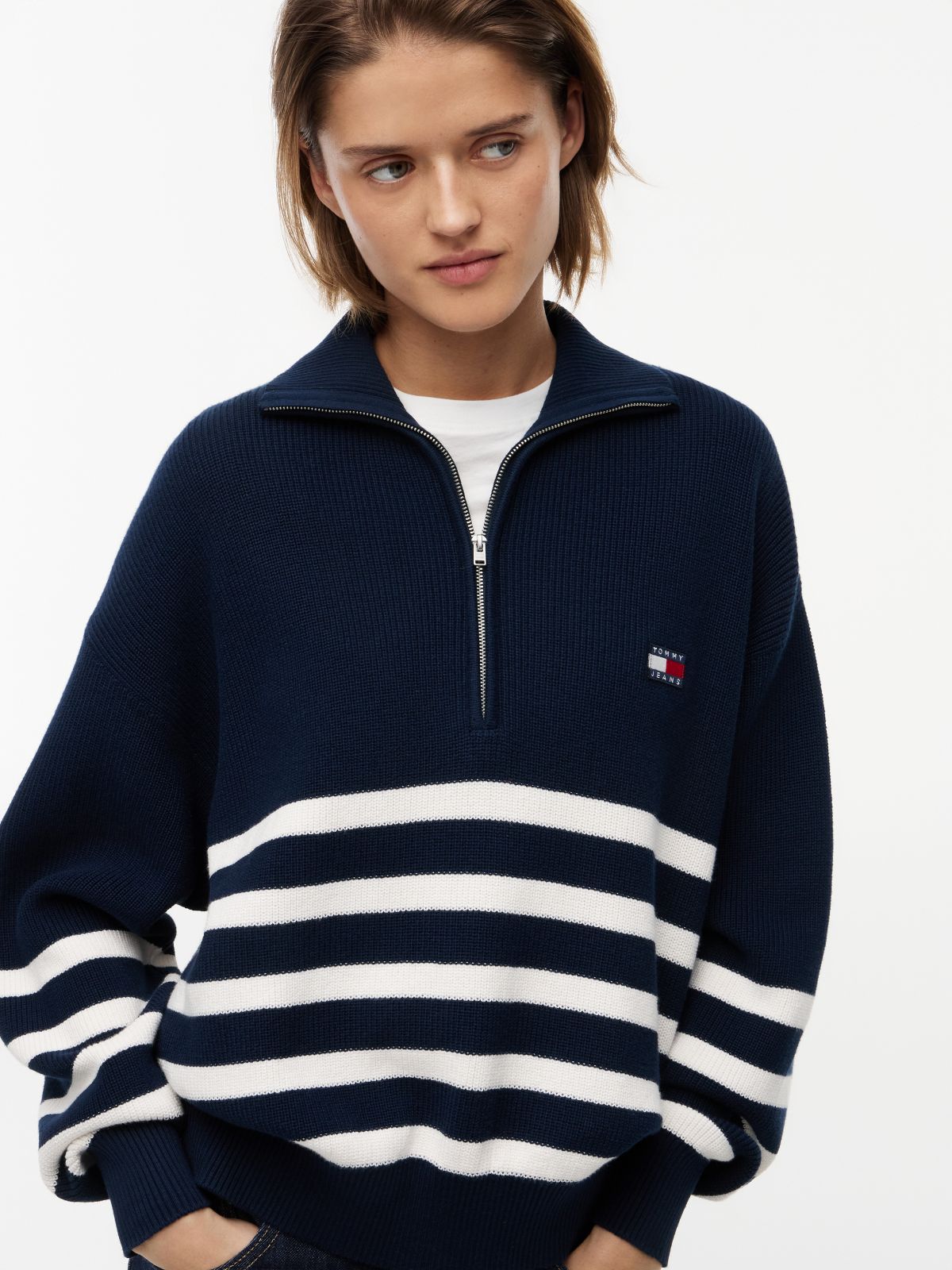 Tommy Badge Stripe Quarter-Zip Jumper — Blue