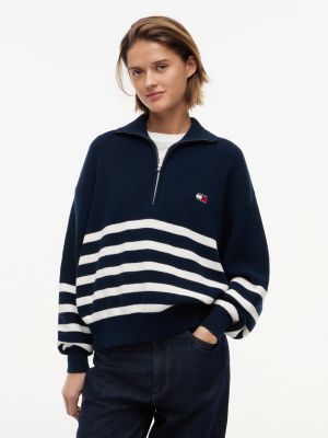 pullover a righe con distintivo e mezza zip blue da donne tommy jeans