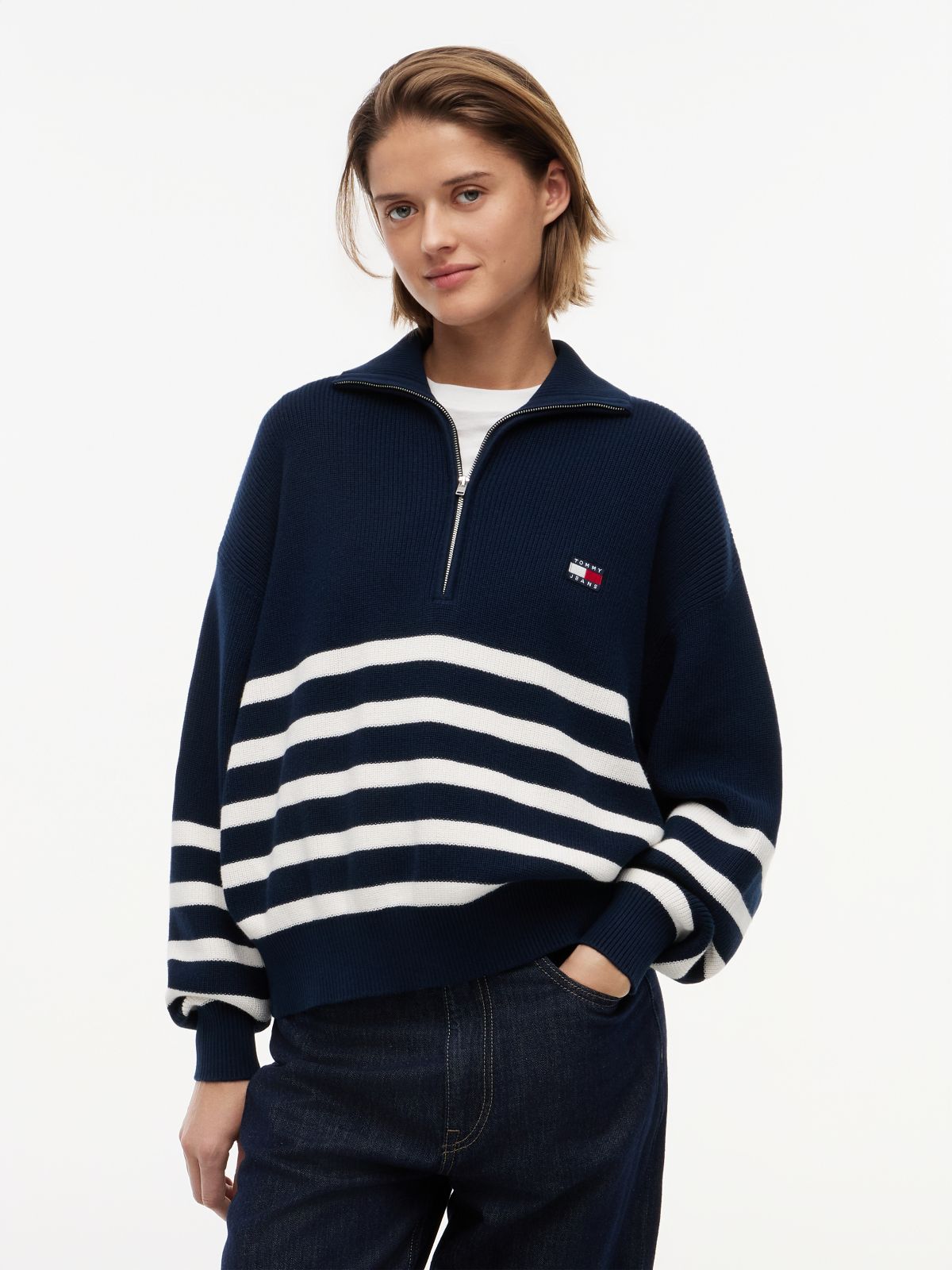Tommy Badge Stripe Quarter-Zip Jumper — Blue