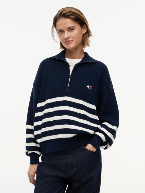 Tommy Badge Stripe Quarter-Zip Jumper — Blue