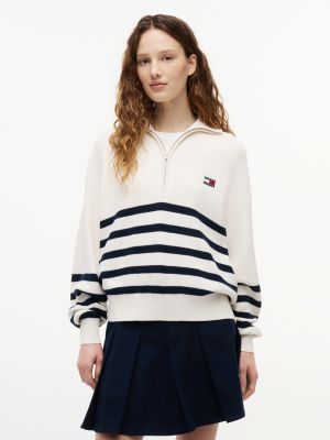 jersey de rayas con cremallera de un cuarto beige de mujeres tommy jeans
