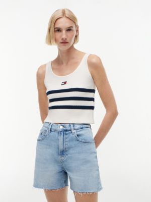 white tommy badge stripe knit tank top for women tommy jeans