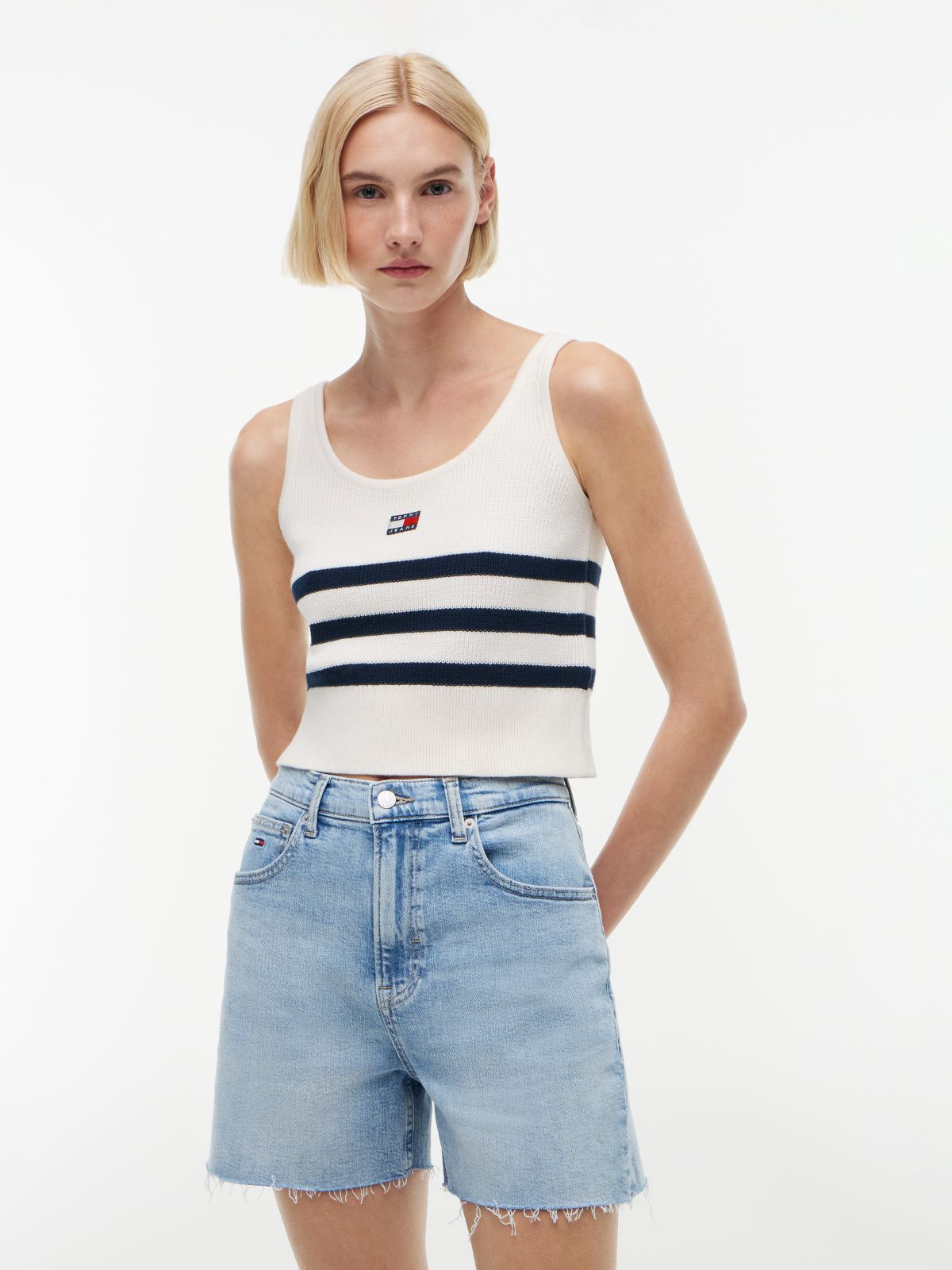 Tommy Badge Stripe Knit Tank Top — White