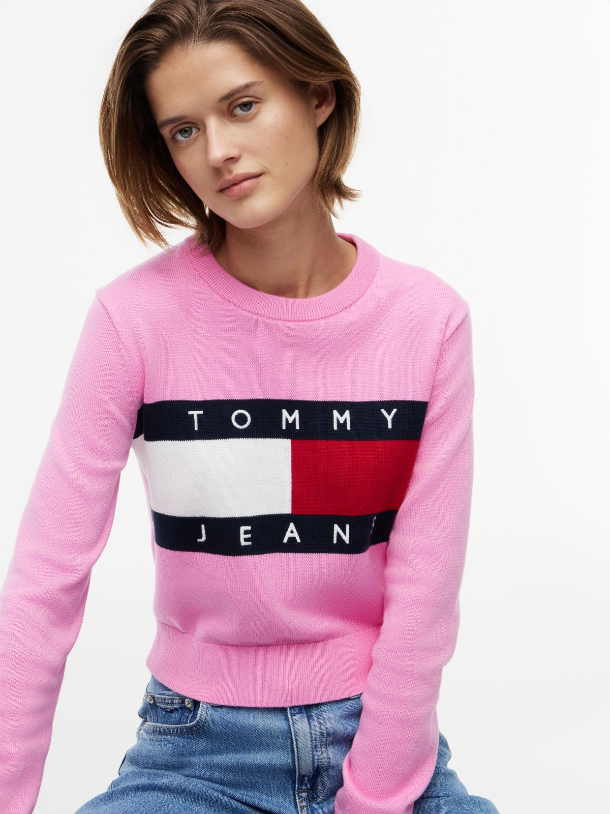 Tommy Flag Crew Neck Jumper — Pink