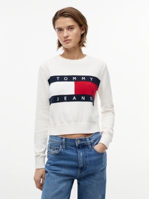 pull à col ras-du-cou tommy flag beige pour femmes tommy jeans