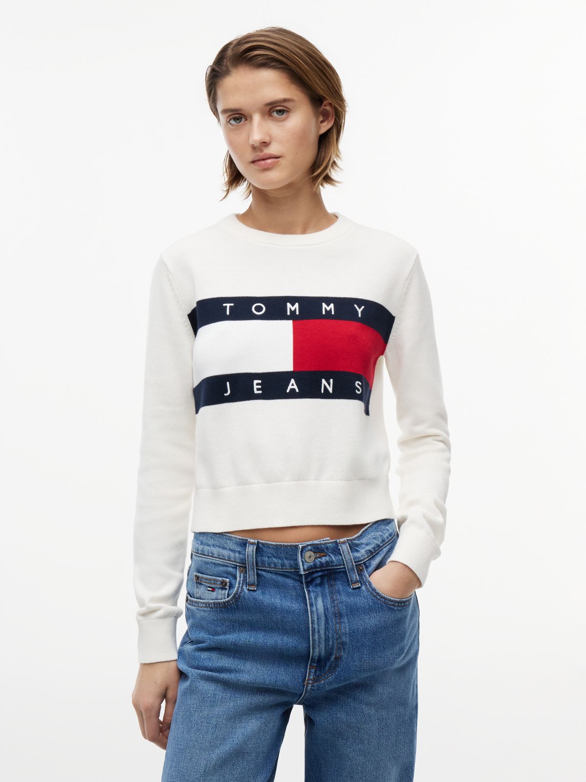 Tommy Flag Crew Neck Jumper — Beige