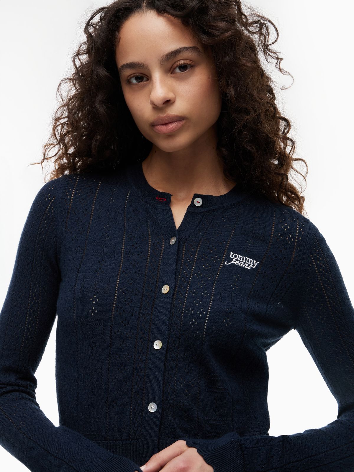Slim Pointelle Flag Cardigan — Blue