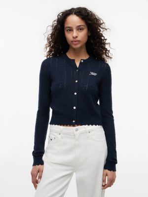 cardigan slim pointelle à drapeau blue pour femmes tommy jeans
