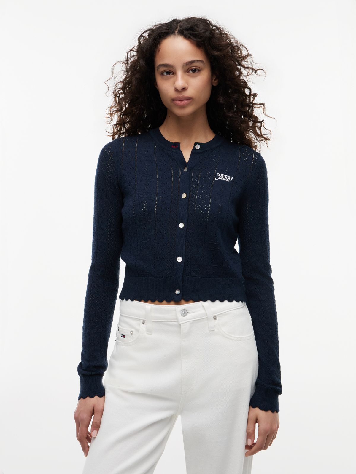 Slim Pointelle Flag Cardigan — Blue