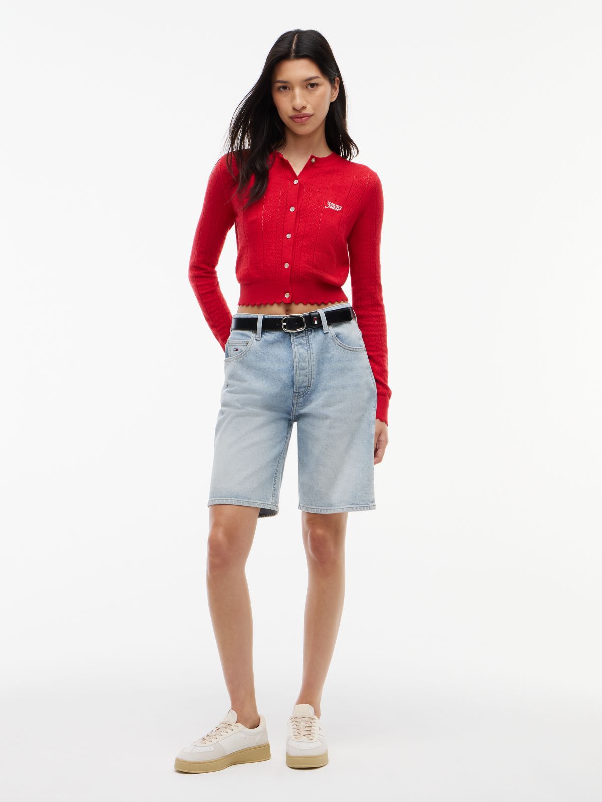 Slim Pointelle Flag Cardigan — Red