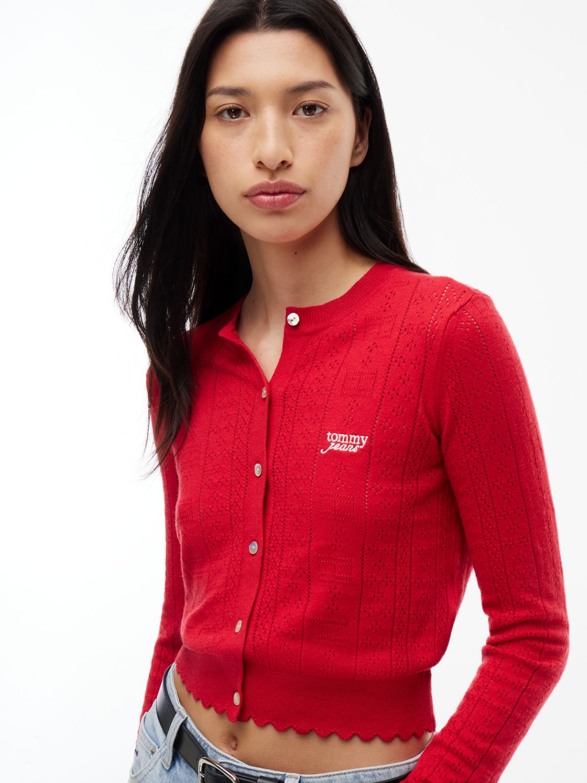 Slim Pointelle Flag Cardigan — Red