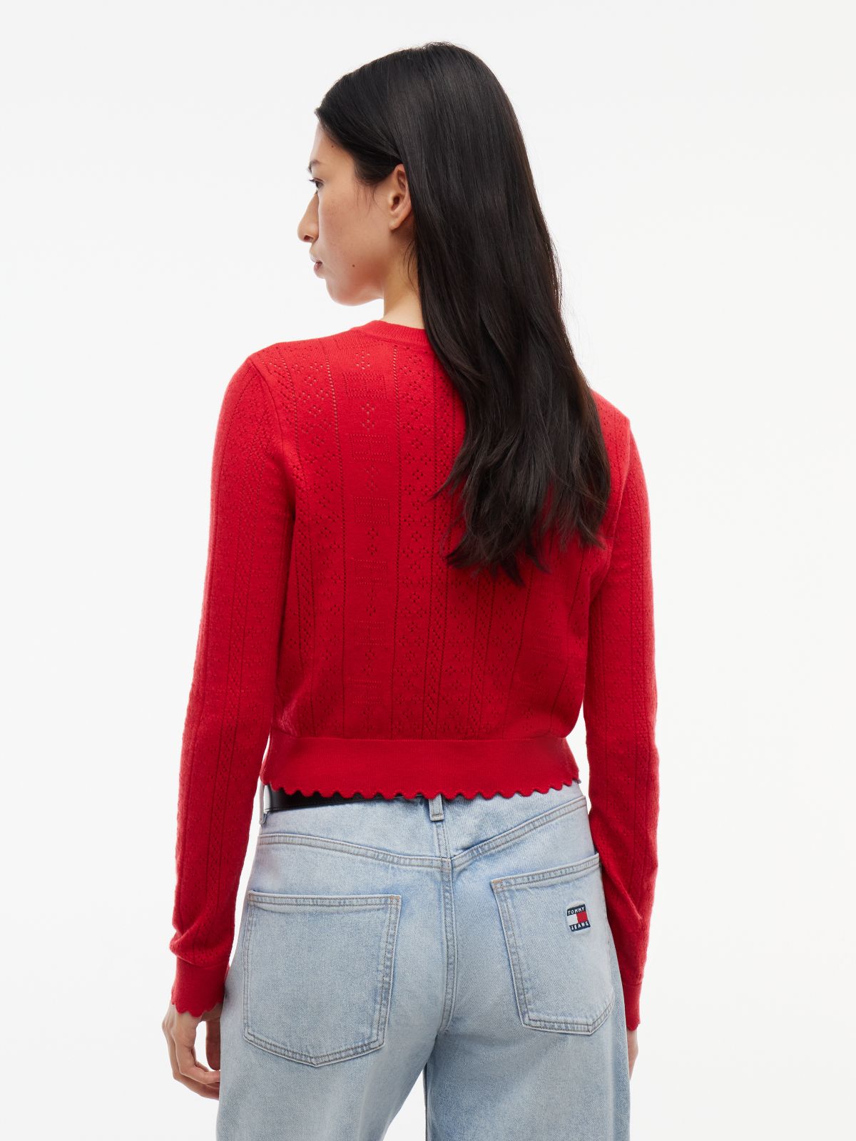 Slim Pointelle Flag Cardigan — Red