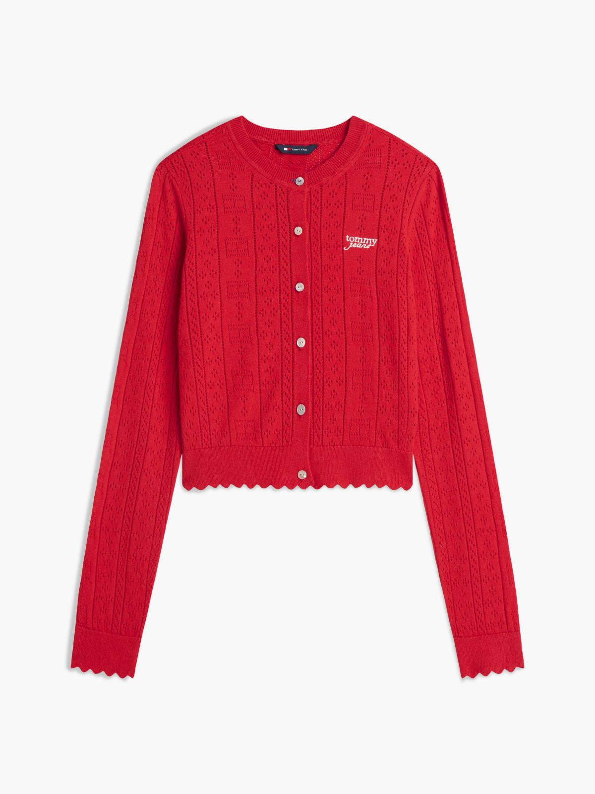 Slim Pointelle Flag Cardigan — Red