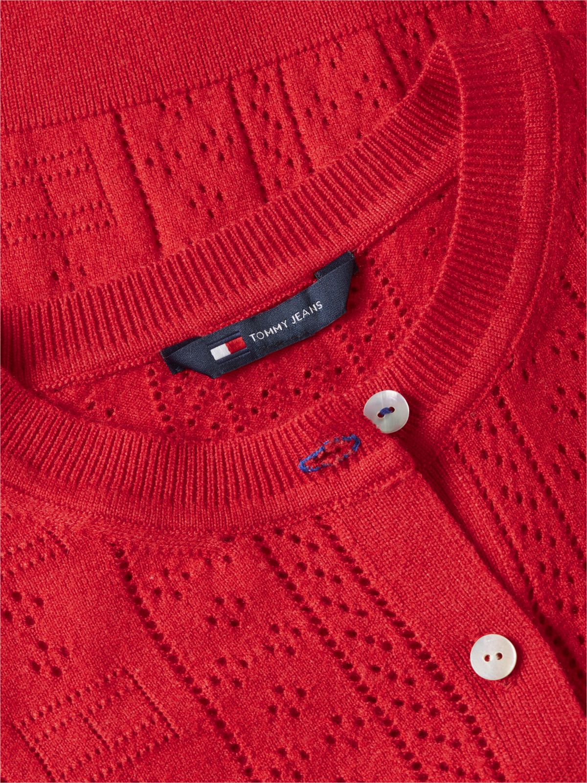 Slim Pointelle Flag Cardigan — Red