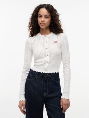 white slim pointelle flag cardigan for women tommy jeans