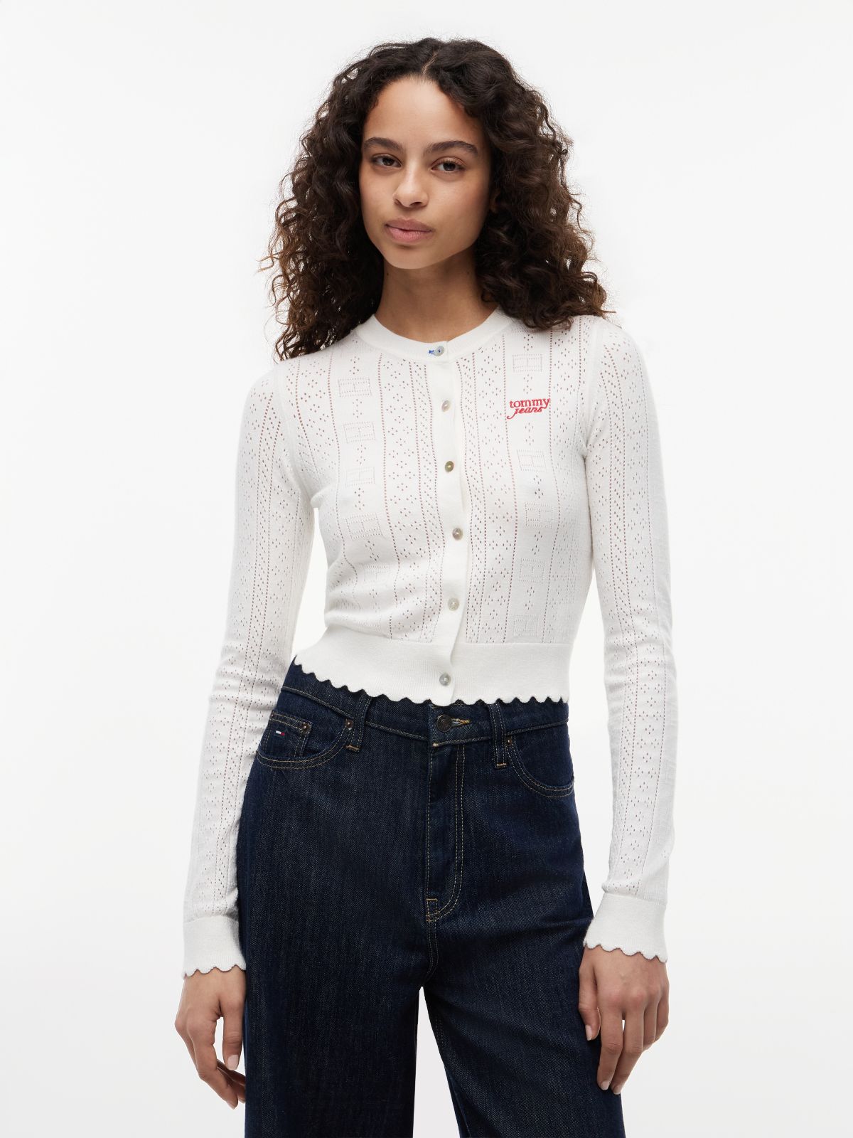 Slim Pointelle Flag Cardigan — White