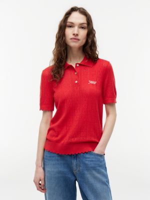 red pointelle-polopullover mit kurzen ärmeln und flag für damen - tommy jeans