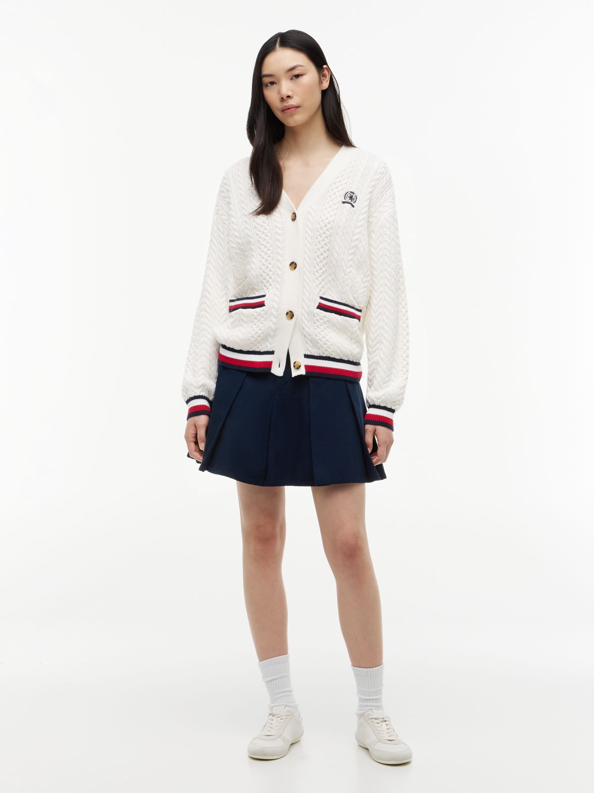 Global Stripe Oversized Cable Knit Cardigan — White