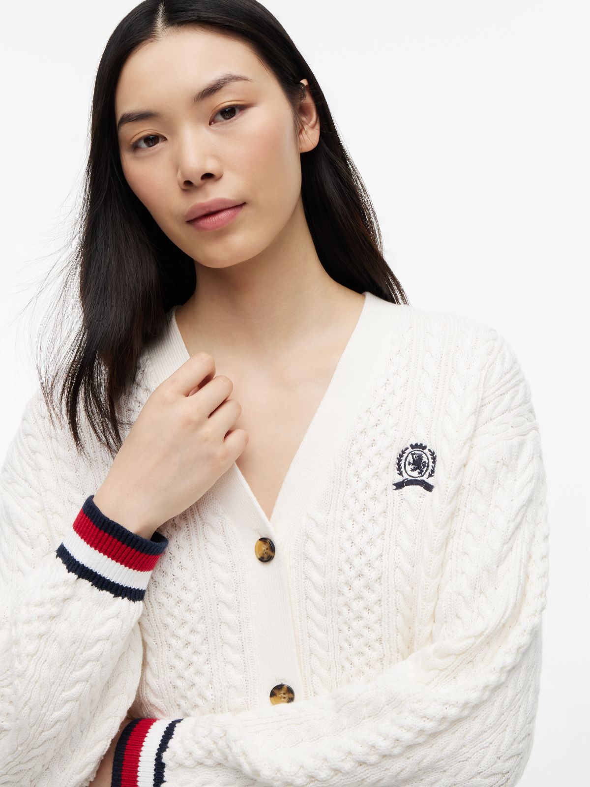 Global Stripe Oversized Cable Knit Cardigan — White