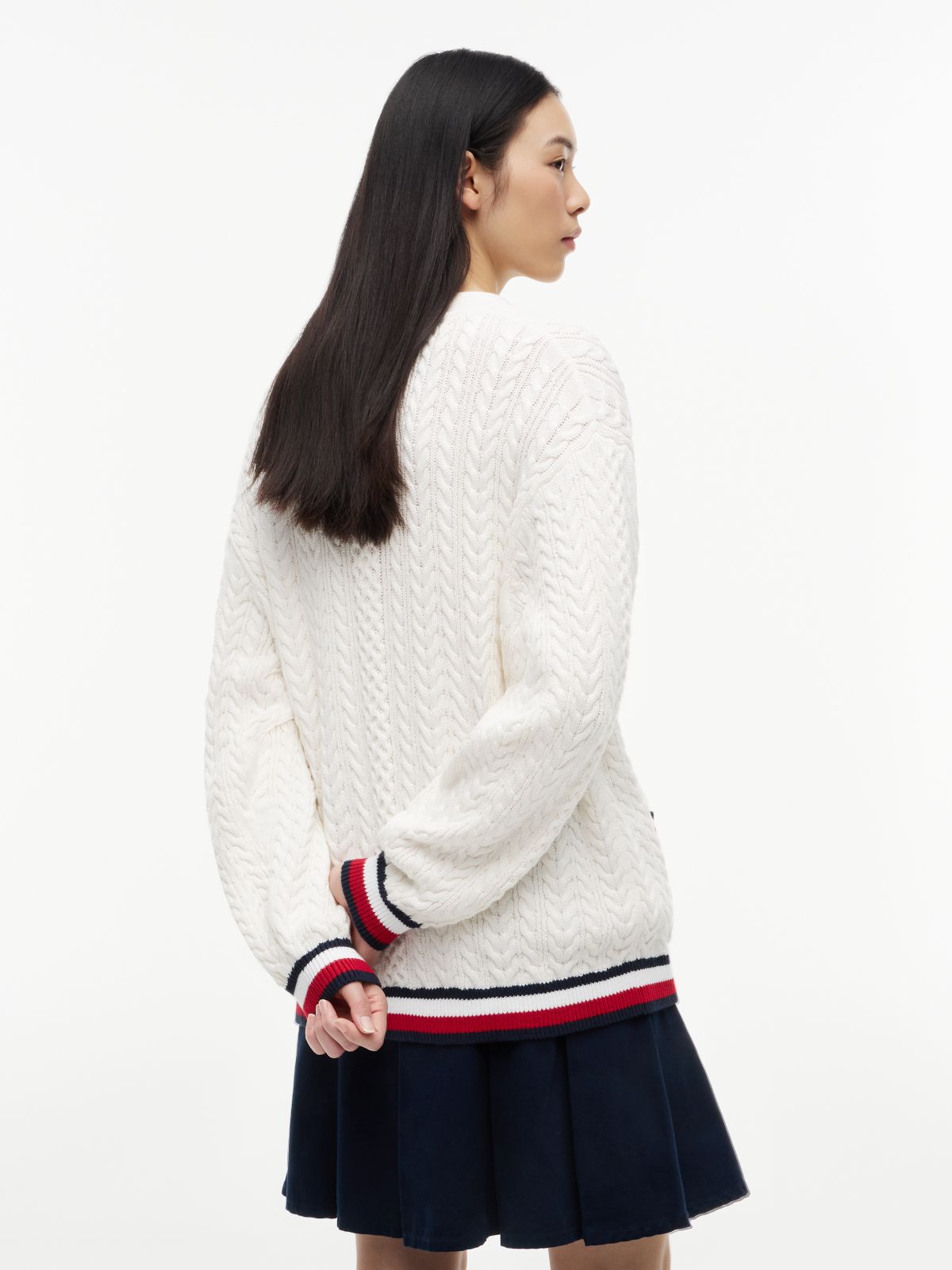 Global Stripe Oversized Cable Knit Cardigan — White
