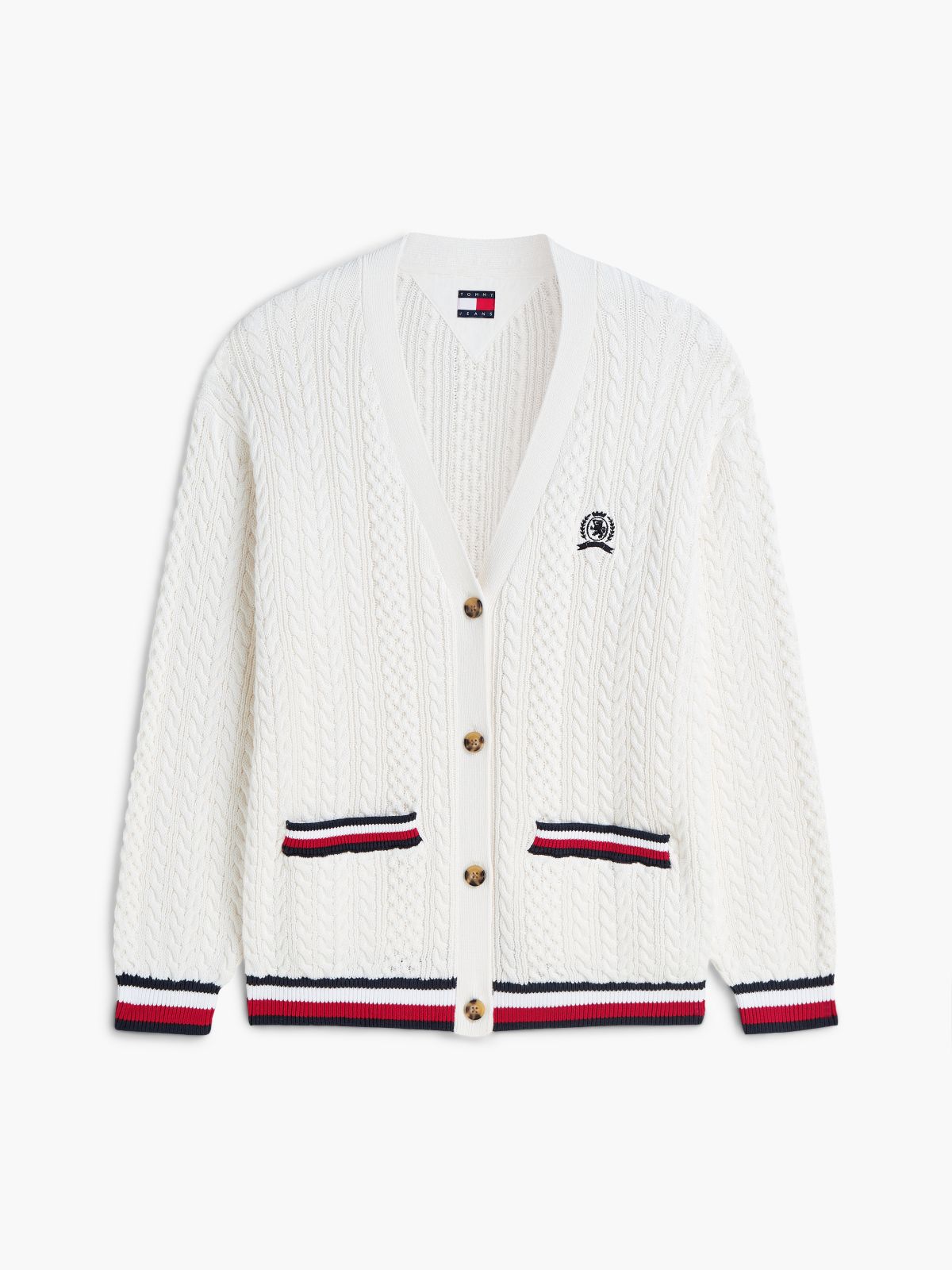 Global Stripe Oversized Cable Knit Cardigan — White