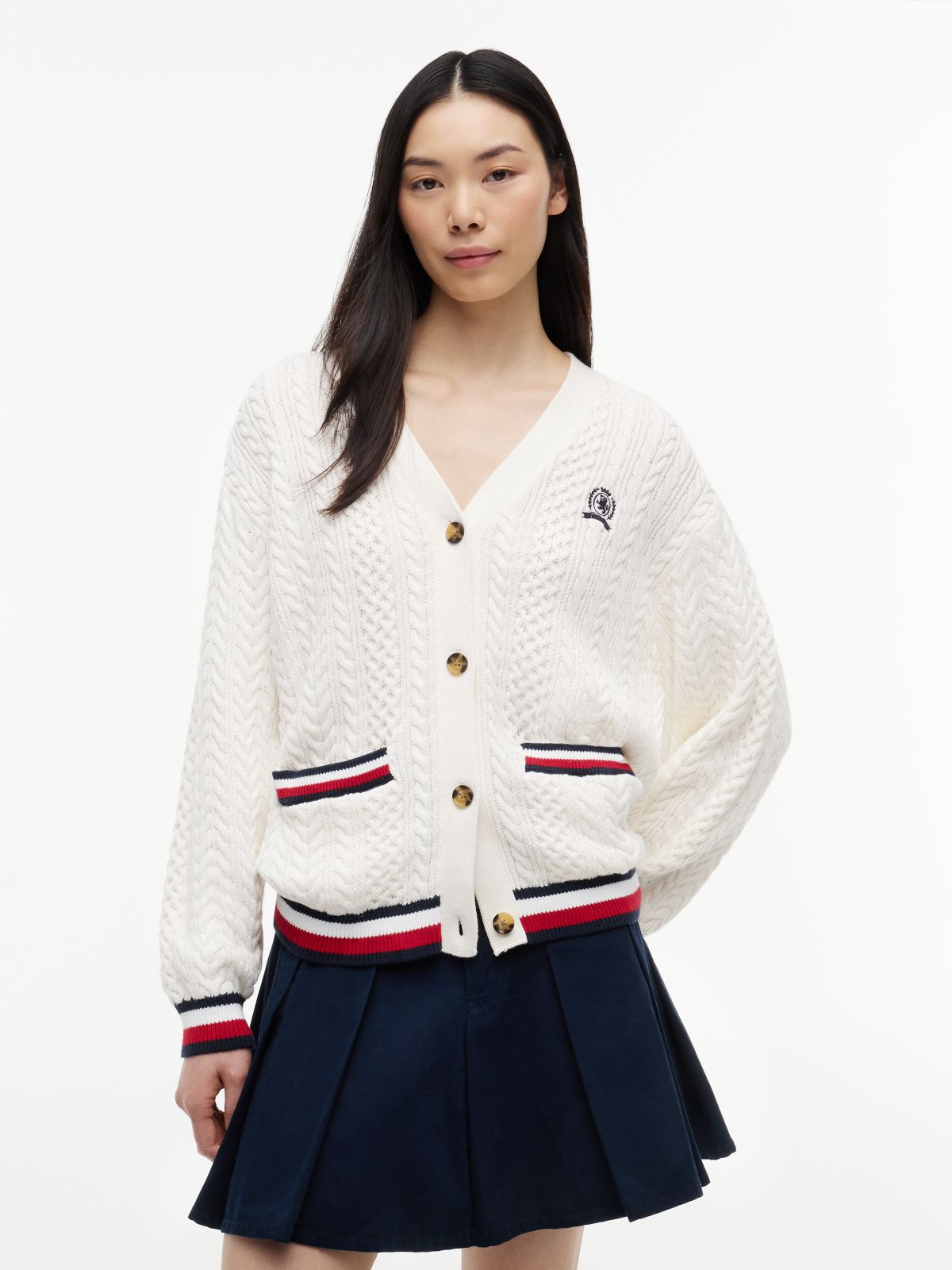 Global Stripe Oversized Cable Knit Cardigan — White