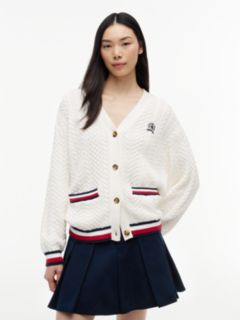Global Stripe Oversized Cable Knit Cardigan — White 1