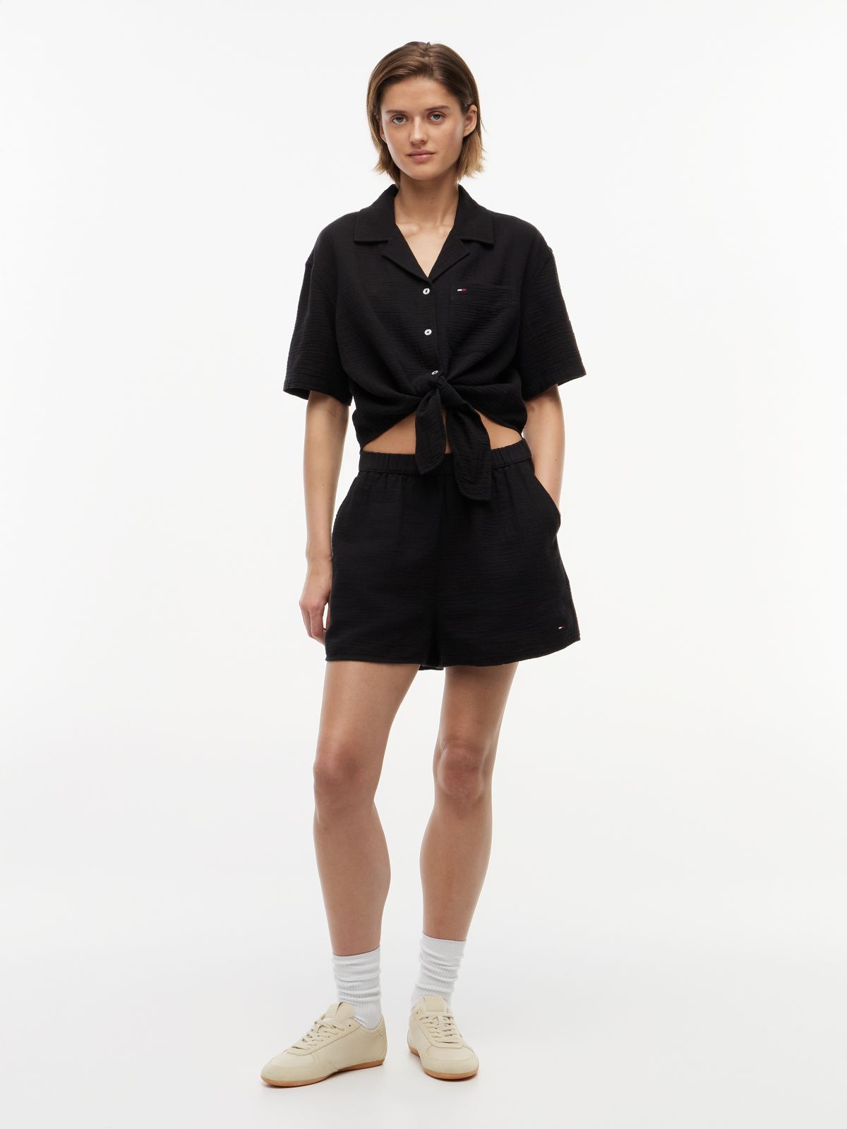 Crinkle Tie Front Short Sleeve Shirt — Black