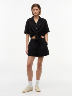 Crinkle Tie Front Short Sleeve Shirt — Black 2