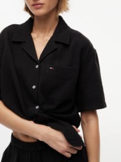 Crinkle Tie Front Short Sleeve Shirt — Black 3