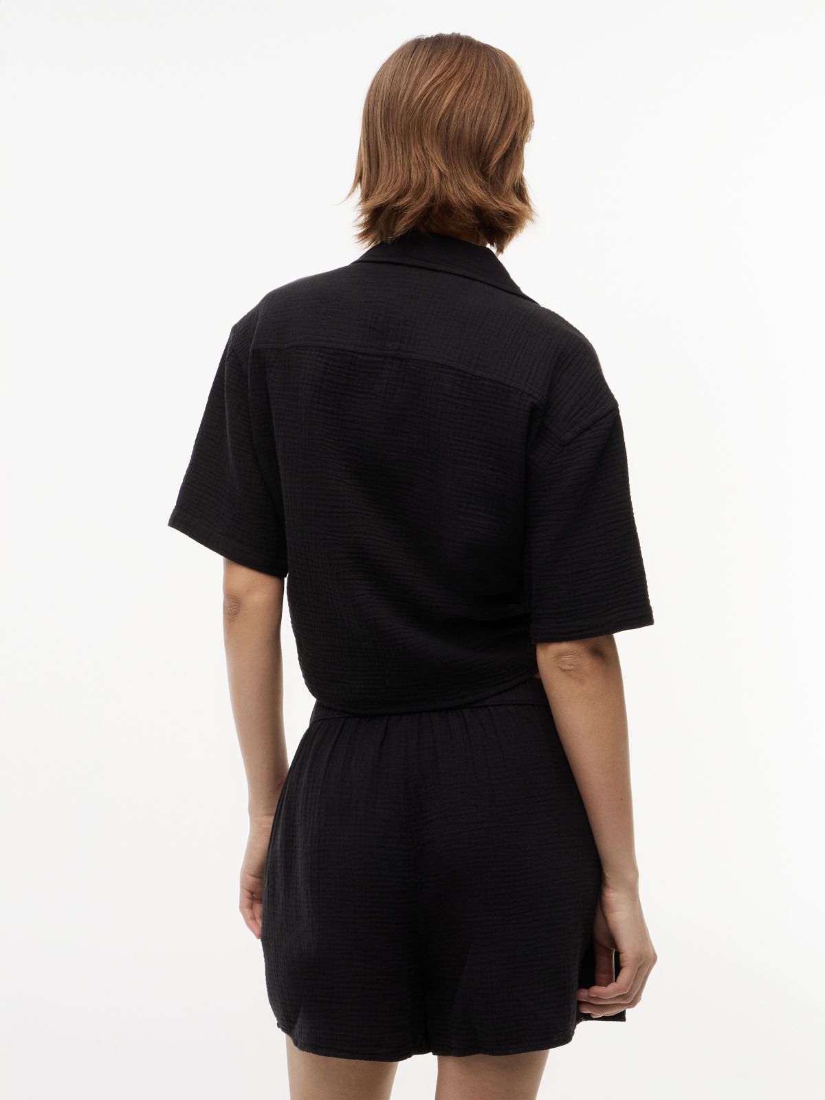 Crinkle Tie Front Short Sleeve Shirt — Black