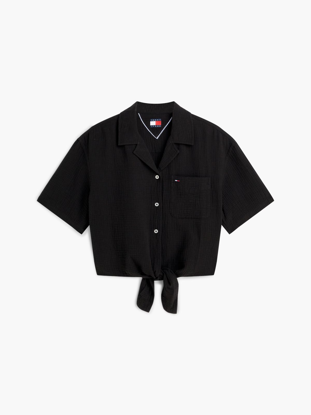 Crinkle Tie Front Short Sleeve Shirt — Black