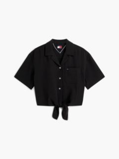 Crinkle Tie Front Short Sleeve Shirt — Black 5