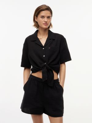 black crinkle tie front short sleeve shirt for women tommy jeans