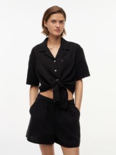 Crinkle Tie Front Short Sleeve Shirt — Black 1