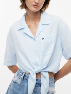 Crinkle Tie Front Short Sleeve Shirt — Blue 3