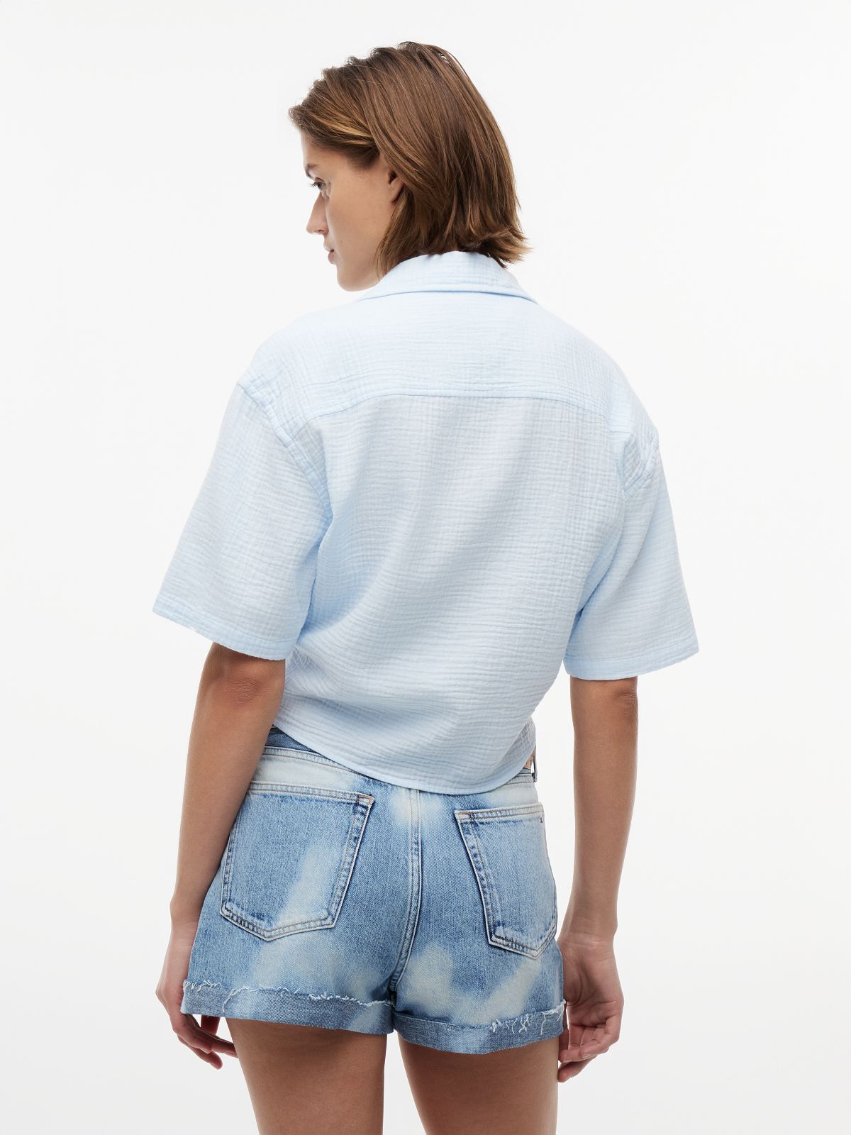 Crinkle Tie Front Short Sleeve Shirt — Blue