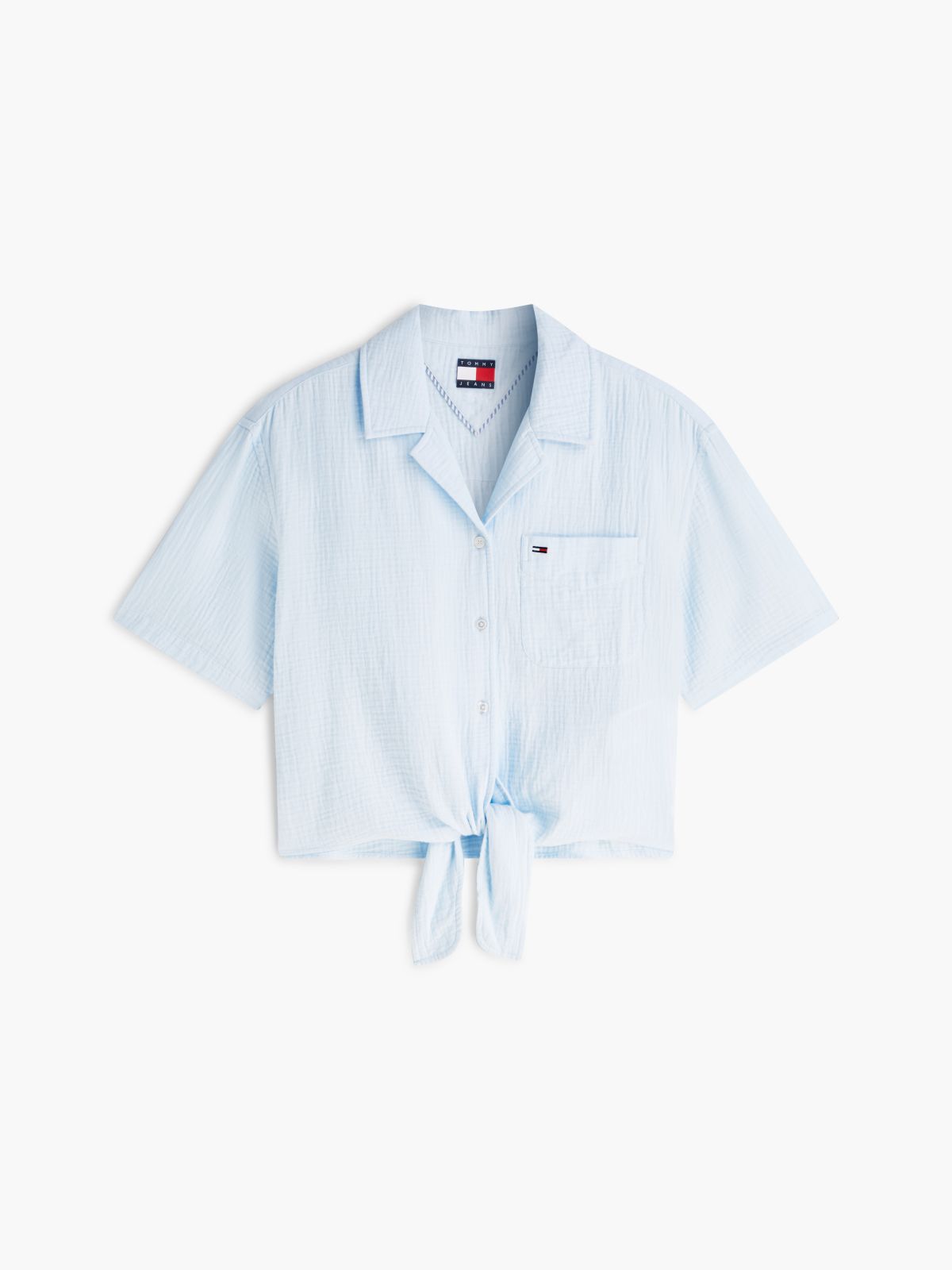 Crinkle Tie Front Short Sleeve Shirt — Blue