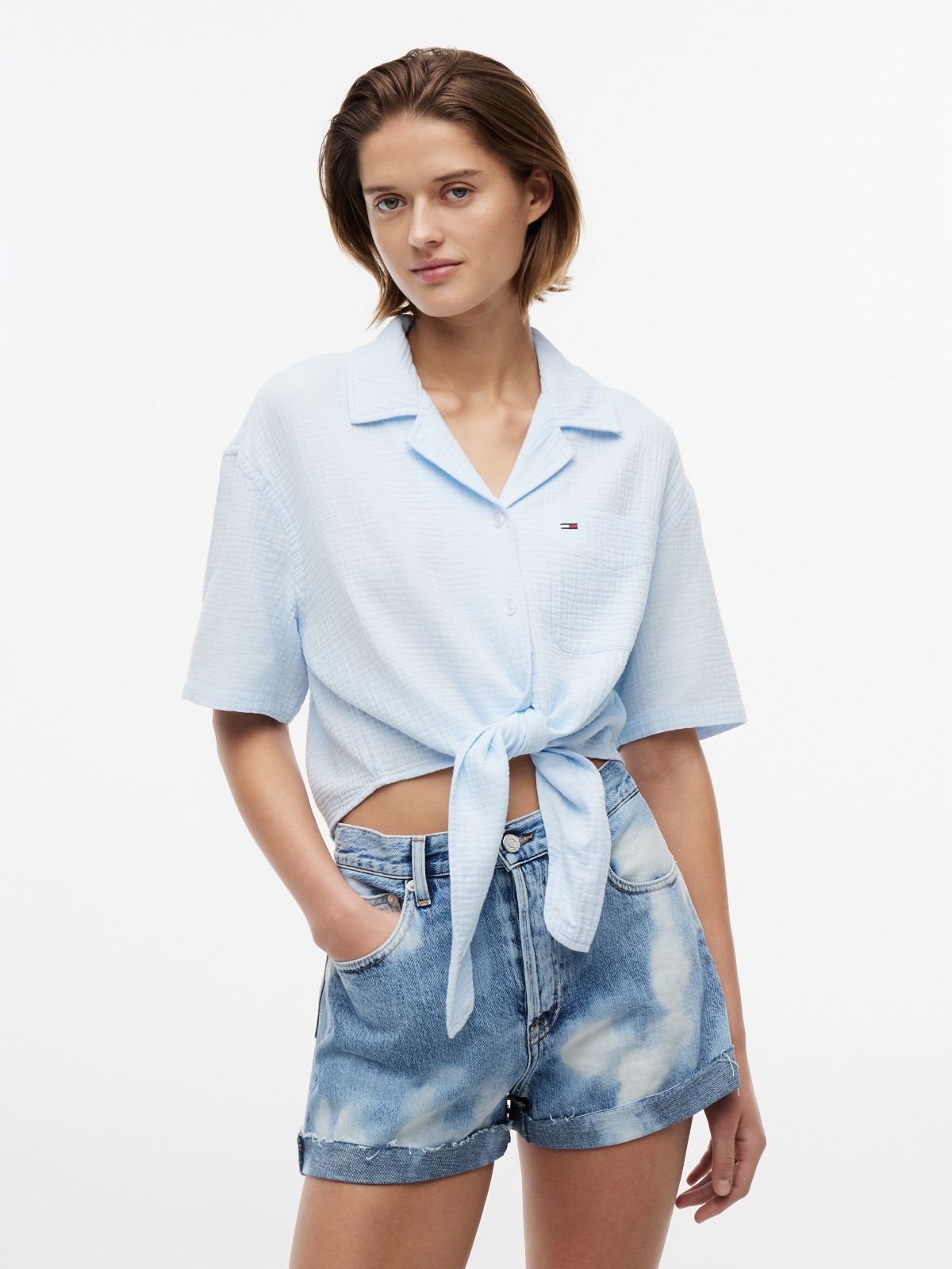 Crinkle Tie Front Short Sleeve Shirt — Blue